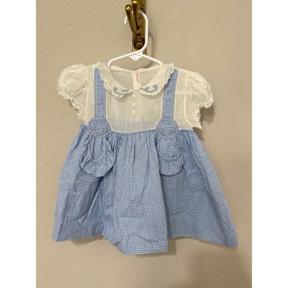 Yolande Dress Baby 6M Blue Gingham Vintage Handmade Lace Embroidered Pinafore